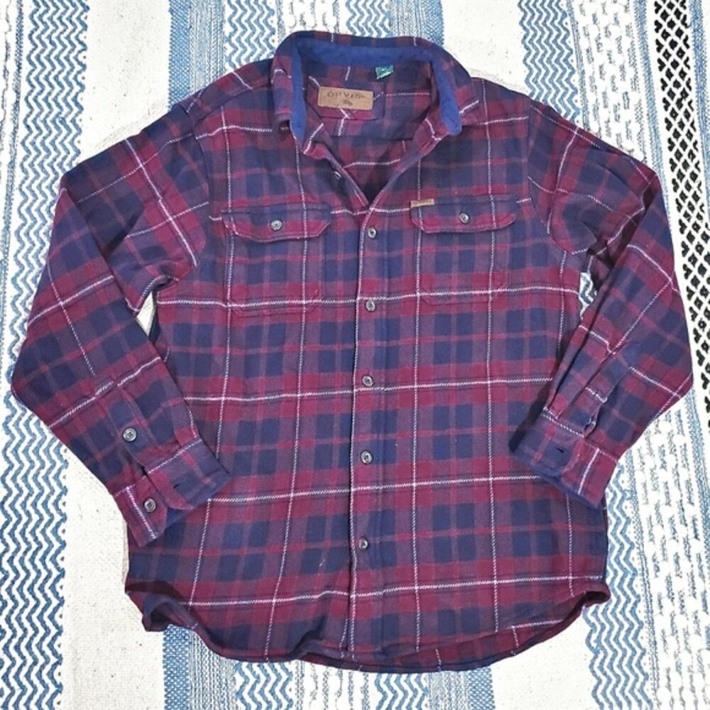 New ORVIS Thick Burgundy + Blue Premium Plaid Flannel Over Shirt - Picture 10 of 15